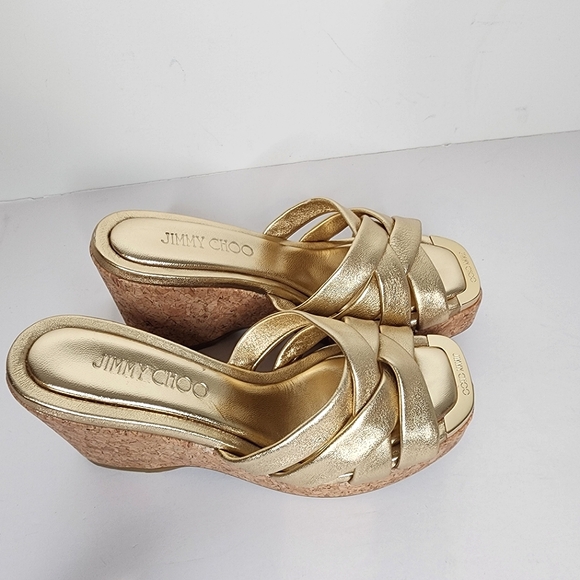 Jimmy Choo Maribou 110 Slip on Platform Wedge Slide Sandals In Gold Size 36.5 - Picture 1 of 7